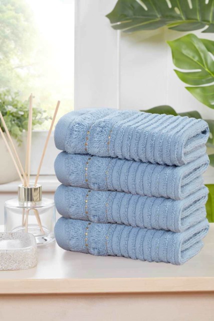 Linear Pure Cotton Face Cloth Towels Set Of 4 Blue Face cloth 4