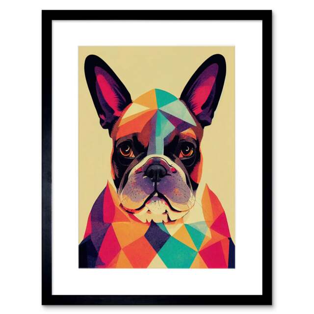 "Vibrant Colourful Geometric French Bulldog Portrait 9x7"" Black Framed Wall Art Print"