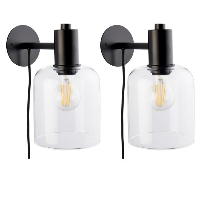 Set of 2 Maxton - Black with Clear Glass Plug In Wall Lamps