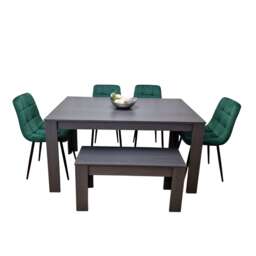 Grey Dining Table and 4 Green Velvet Tufted Chairs with 1 Bench