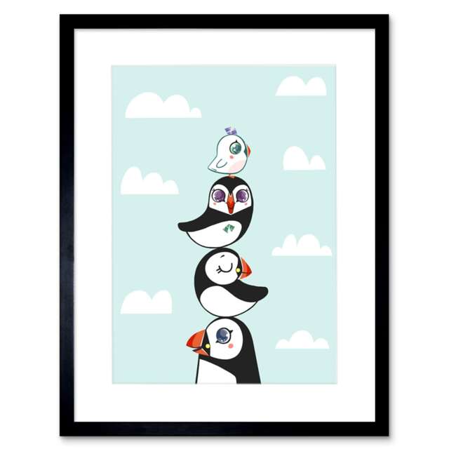 "Puffin Bird Family Totem Cartoon Kids Bedroom Nursery 9x7"" Black Framed Wall Art Print"