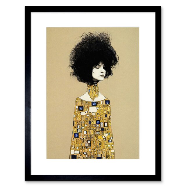 "Klimt Style Retro Boho Afro Hair Abstract Gold Dress 9x7"" Black Framed Wall Art Print"