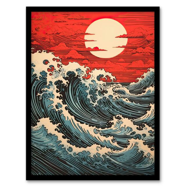 Red Sunset Clouds Storm Japanese Great Wave Off Black Framed Wall Art Print A4
