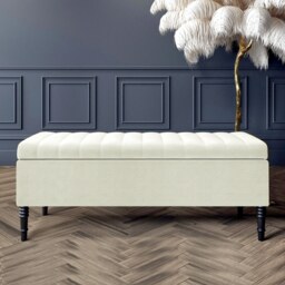 150cm Paris Striped Ottoman Storage Bench -Upholstered Shoes Bench with Black Turned Wooden Legs - Cream Naple Ottoman Bench