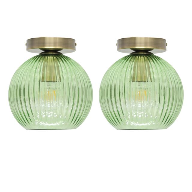 Set of 2 Betchley - Green Ribbed Glass Antique Brass Ceiling Lights