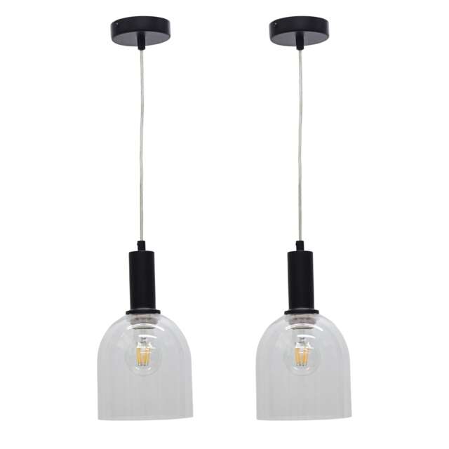 Set of 2 Belten - Clear Glass Cloche Black Deco Pendant Fittings