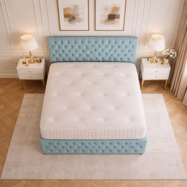 Light blue chesterfield 2ft6 small single bed with headboard and footboard storage 2 Drawers Left Side Laying in Bed