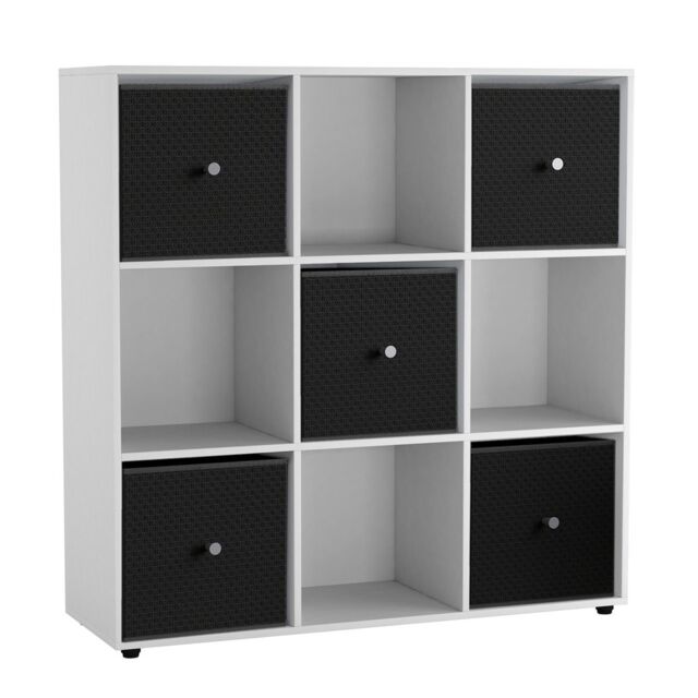 9 Cube Wooden Bookcase Shelving Unit with 5 Collapsible Fabric Drawers Multi White & Black 1