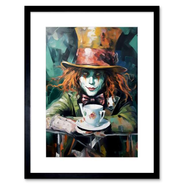 "Alice Wonderland Mad Hatter Tea Party Portrait 9x7"" Black Framed Wall Art Print"