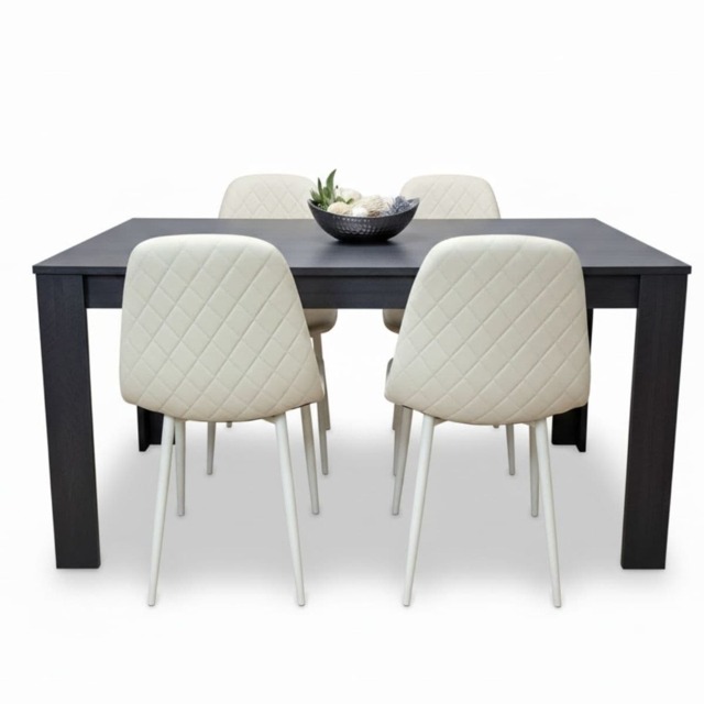 Modern Charcoal Dining Table Set with 4 Cream Gem Pattern Chairs Dining Room Furniture