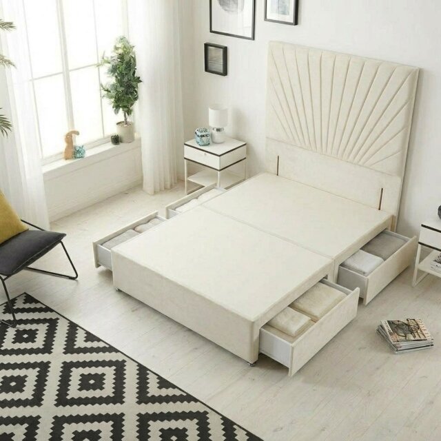 Sunburst Divan Bed with 4 Drawers & 54'' Floor Standing Headboard Plush Velvet Cream Ivory