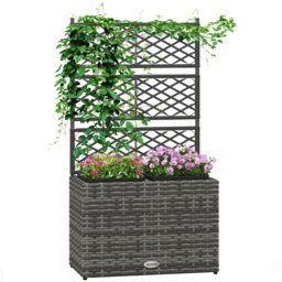 Outsunny Garden PE Rattan Planter Box w/ Trellis Flower Raised Bed, 57x30x107cm Grey Light Grey