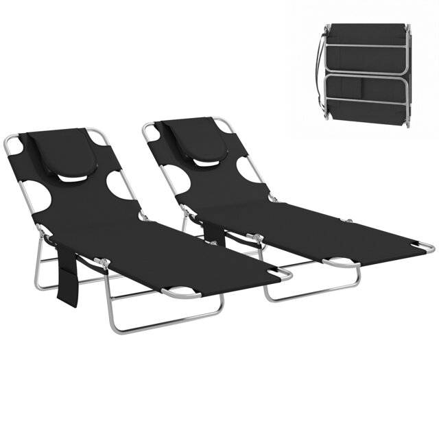 Outsunny Sun Lounger with Reading Hole, Folding Garden Lounger Black Black L