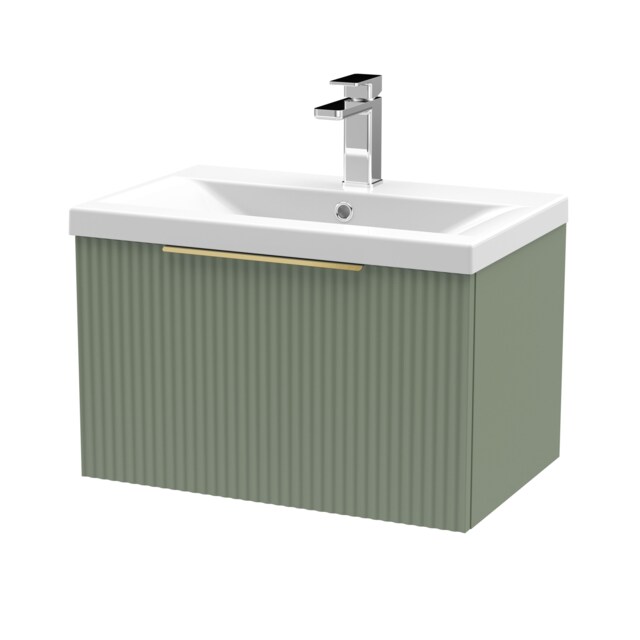 Balterley Fluted Front Wall Hung 1-Drawer Bathroom Vanity Unit with 1 Tap Hole Basin, Handles Green Satin Green