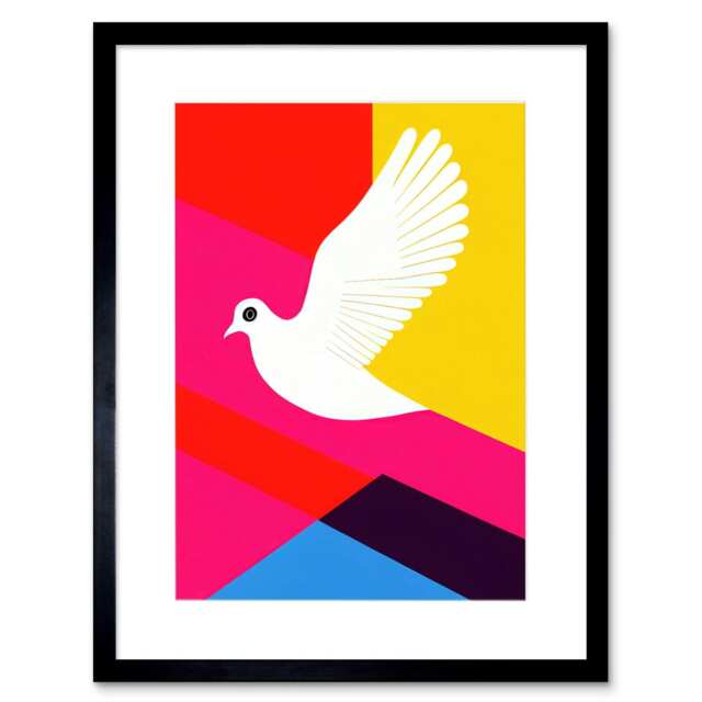 "White Peace Dove Vibrant Geometric Graphic Design 9x7"" Black Framed Wall Art Print"