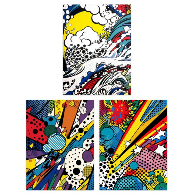 Set of 3 Abstract Pop Comic Book Style Splash Bang Crash Colourful Wall Art Prints 12x16 Inch