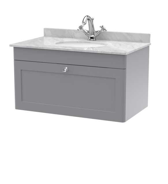Balterley Swynnerton Traditional 1 Drawer Wall Hung Vanity Unit with Marble Basin, Satin Grey, 800mm