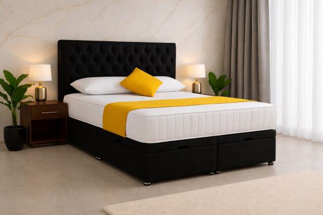 Chesterfield Black Plush Velvet End Lift Ottoman Divan Bed 5ft Kingsize with Headboard & Mattress