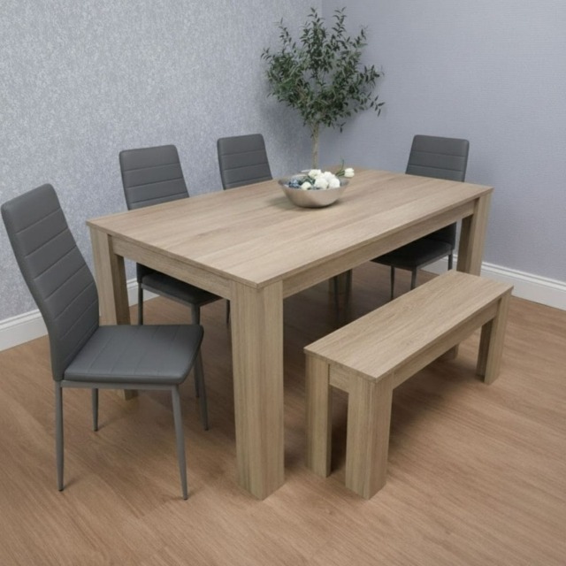 Dining Table and 4 Chairs With Bench Oak Effect Wood 4 Grey Faux Leather Chairs Dining Room