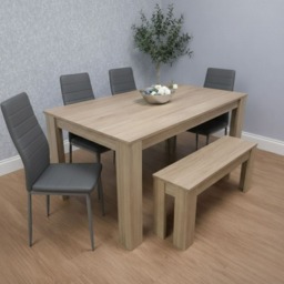 Dining Table and 4 Chairs With Bench Oak Effect Wood 4 Grey Faux Leather Chairs Dining Room
