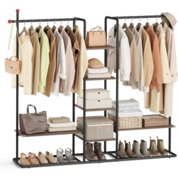 Heavy-Duty Clothes Rack with Shoe Shelf, 2 Rails and 6 Storage Shelves, Matchstick Hooks, Natural Walnut and Ink Black