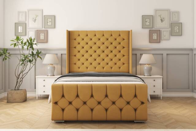 "Sloomy Luthor Mustard Plush Bed Frame With Mattress With 50"" Upholstered Wingback Headboard 2'6 Small Single"