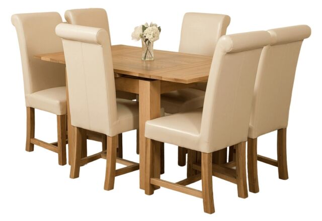 Richmond 90-150cm Oak Extending Dining Table & 6 Washington Leather Chairs Cream Cream