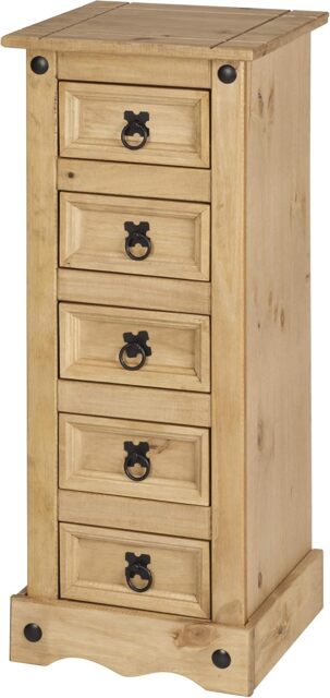 Corona Chest of Drawers Narrow 5 Drawer Tallboy Mexican Solid Pine