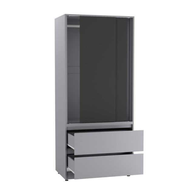 URBNLIVING 2 Sliding Door Wardrobe With 2 Drawers And Hanging Rail Grey Black Doors 1