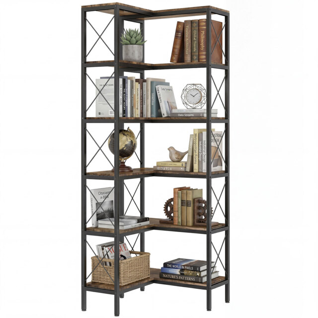 HOMCOM L-Shaped Bookshelf, 5-Tier Bookcase with Metal Frame, Rustic Brown