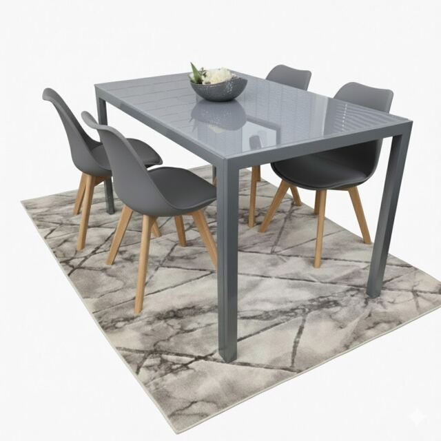 Modern Grey Glass Dining Table Set with 4 Grey Chairs Dining Room Furniture