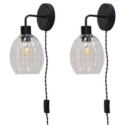 Set of 2 Toby - Black Plug in Wall Lights Fluted Glass Shades