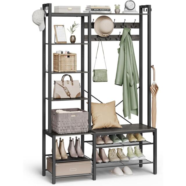 Hall Tree Bench, Entryway Organizer, Coat Rack Shoe Storage, Multi Hook Stand, Large Size, Stone Grey and Ink Black