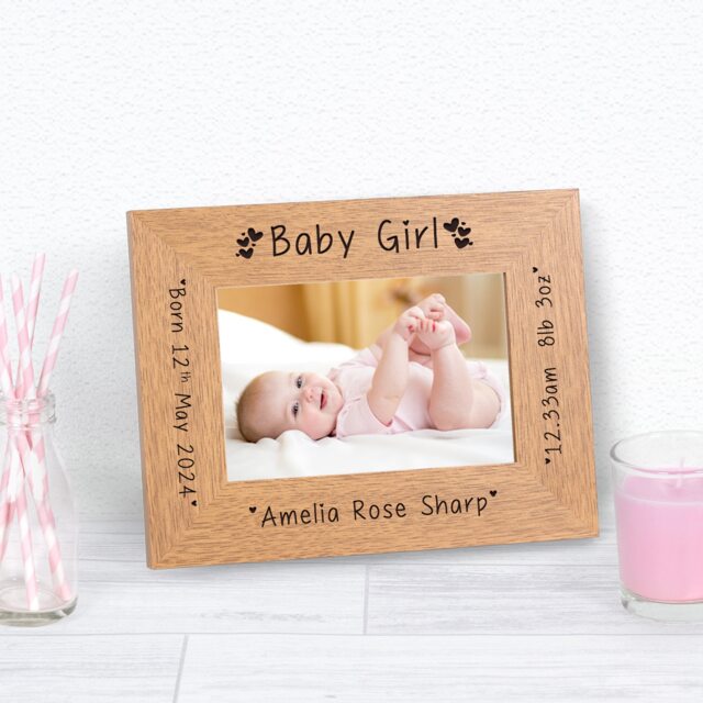 Personalised New Baby Girl Wood Picture Frame 7 x 5 New Baby Gift