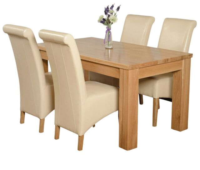 Dakota 152 x 87cm Medium Oak Dining Table and 4 Montana Leather Chairs Cream Cream