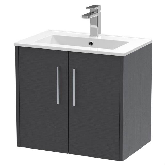 Balterley Winshill Contemporary 2 Door Wall Hung Vanity Unit with Minimalist Basin, Woodgrain Dark Grey, 600mm
