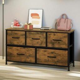 Bedroom Dresser With 5 Fabric Storage Drawers Rustic Brown Brown