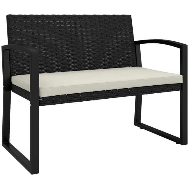 Outsunny 2 Seater Rattan Garden Bench with Cushion, Steel Frame, Beige Black