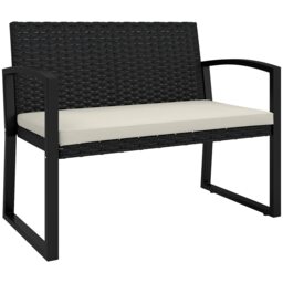 Outsunny 2 Seater Rattan Garden Bench with Cushion, Steel Frame, Beige Black