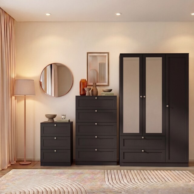 Vida Designs Altino 3 Piece Bedroom Set (3 Drawer Bedside, 5 Drawer Chest, 3 Door 2 Drawer Mirrored Wardrobe), Black