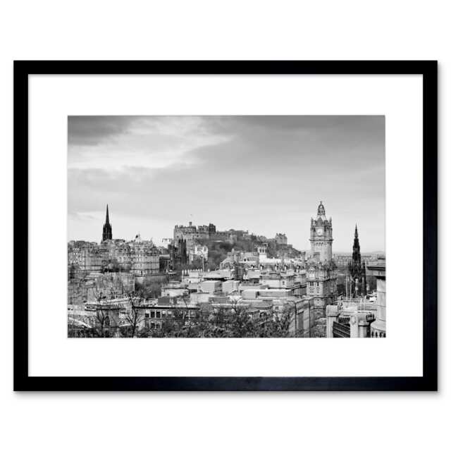 Photo Cityscape Edinburgh Castle Rooftops Black White Framed Wall Art Print