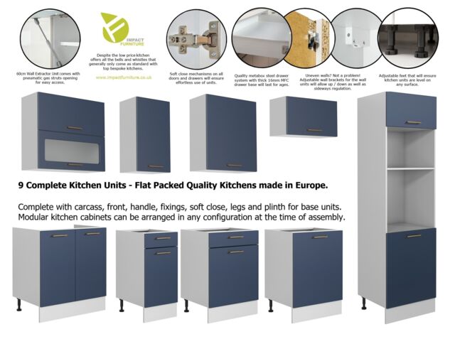 Kitchen Cabinet Set 300cm Navy Blue Base Wall Microwave Oven Housing 9 Unit Nora