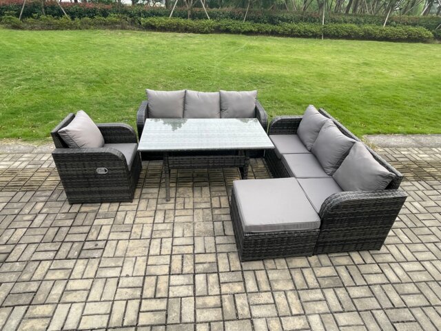 Fimous 8 Seater Rattan Garden Furniture Set Oblong Rectangular Dining Table and Chairs Set with 3 Seater Sofa Big Footstool Dark Grey Mixed