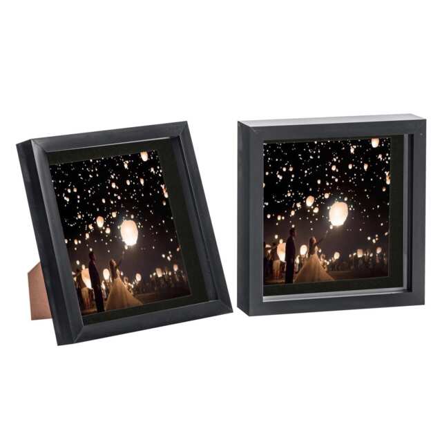"Nicola Spring 8 x 8"" Photo Frames - Black/Black Mount - 3D Picture Frame Box Portrait Display Case (22.5 x 22.5cm) Set of 2"
