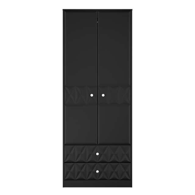 Memphis Tall 2 Drawer Double Wardrobe in Deep Black & Black Matt (Ready Assembled) Black Deep Black & Black Matt