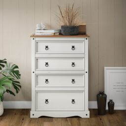 Mercers Furniture Corona White Compact 4 Drawer Chest Of Drawers Solid Wood Pine Wooden Bedroom with Mexican Styling
