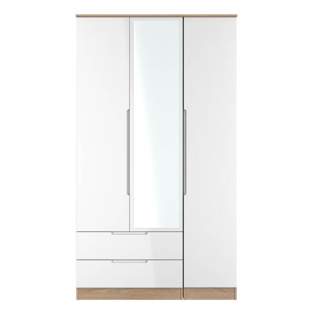 Lucca Tall 2 Drawer Tiple Mirrored Wardrobe in White Gloss & Bardolino Oak (Ready Assembled) White White Gloss & Bardolino Oak