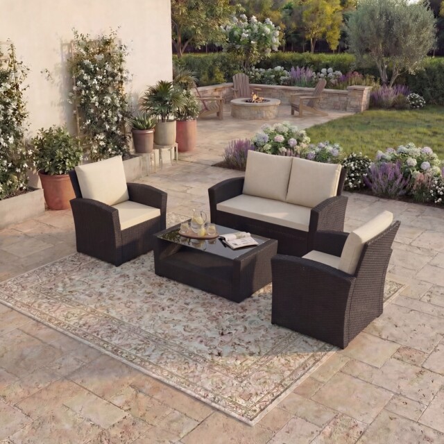Garden Vida Mylor 4 Seater Rattan Set Chair Sofa Coffee Table Outdoor Garden Furniture, Brown
