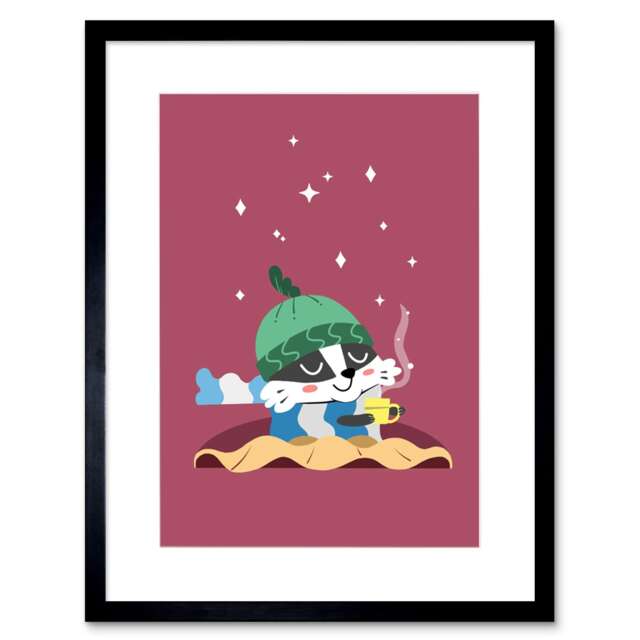 "Cosy Badger Tea Winter Cartoon Kids Bedroom 9x7"" Black Framed Wall Art Print"