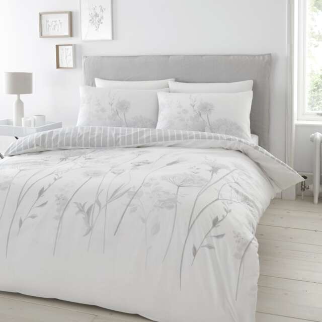 Catherine Lansfield Meadowsweet Floral Reversible Duvet Cover Set White White/Grey